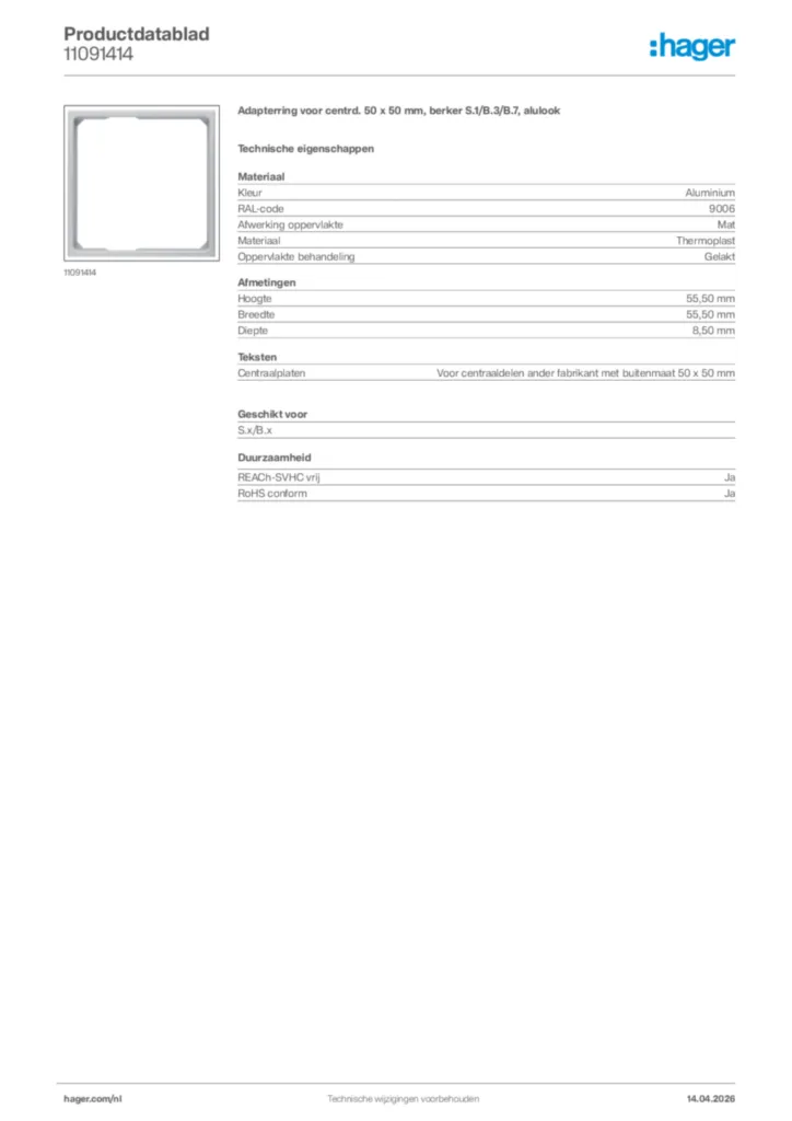 Afbeelding Hager Productdatablad 11091414 | Hager Nederland