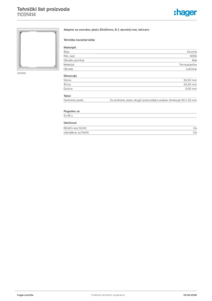 Slika Hager Tehnički list proizvoda 11091414  | Hager