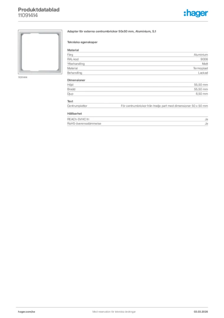 Bild Hager Produktdatablad 11091414 | Hager Sverige