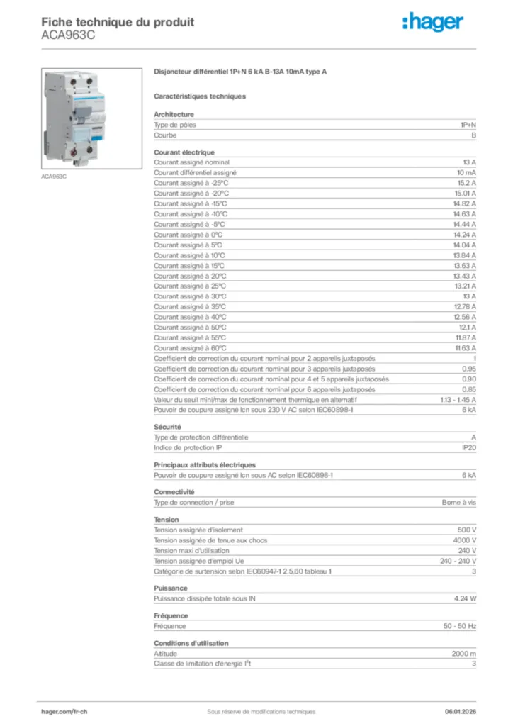Image Hager Fiche technique du produit ACA963C | Hager Suisse