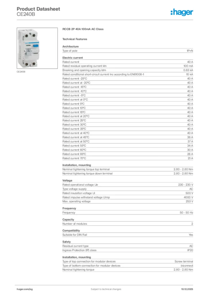 Image Hager Product data sheet CE240B  | Hager