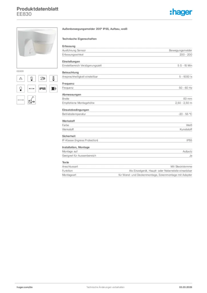 Bild Hager Produktdatenblatt EE830 | Hager Deutschland