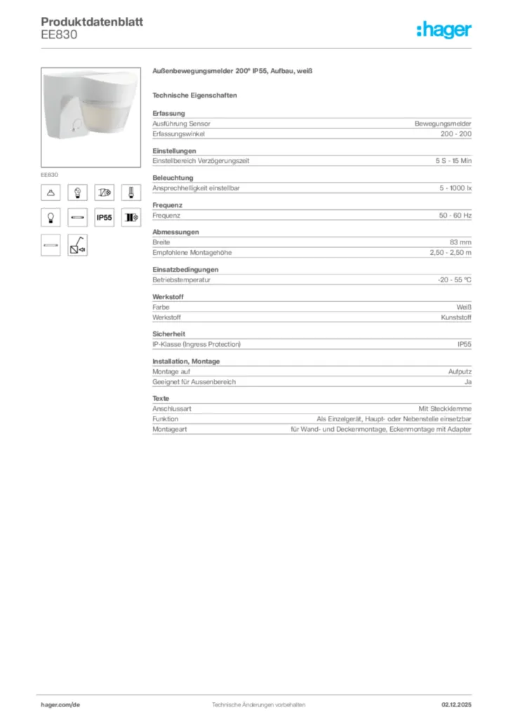 Bild Hager Produktdatenblatt EE830 | Hager Deutschland
