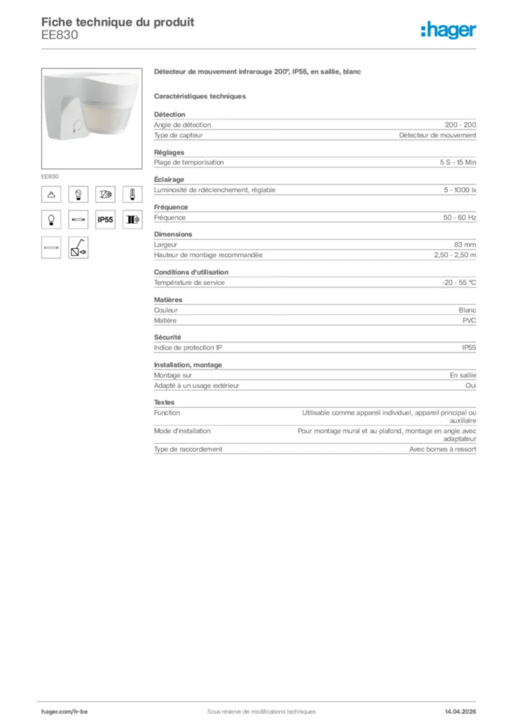 Image Hager Fiche technique du produit EE830 | Hager Belgique