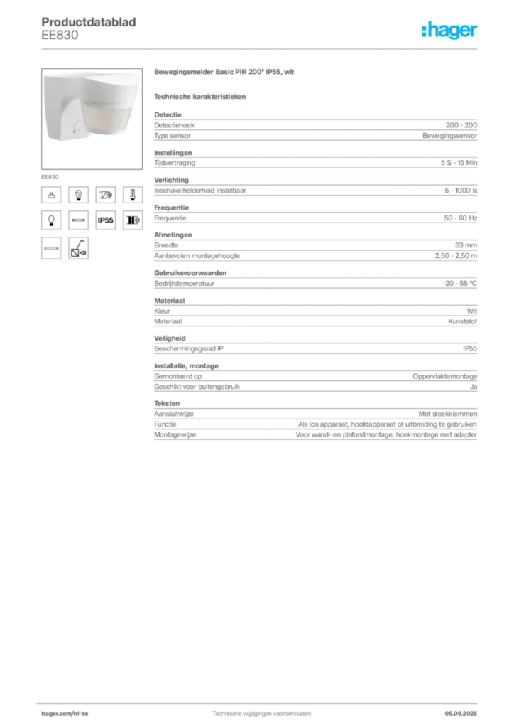 Afbeelding Hager Productdatablad EE830 | Hager Belgium