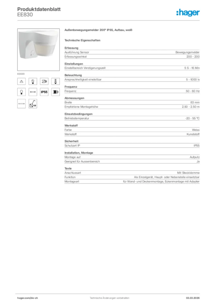 Bild Hager Produktdatenblatt EE830 | Hager Schweiz