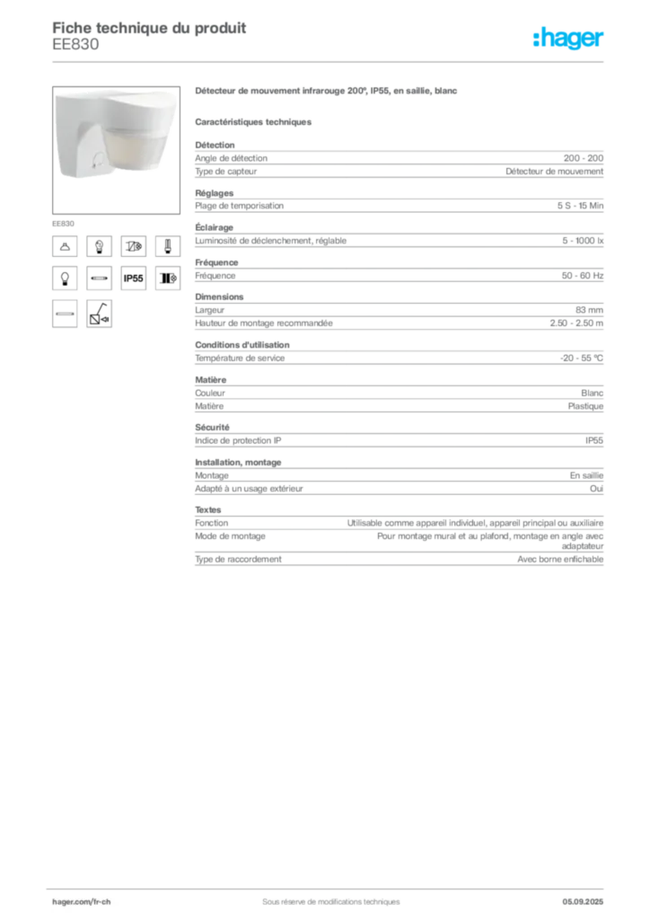 Image Hager Fiche technique du produit EE830 | Hager Suisse