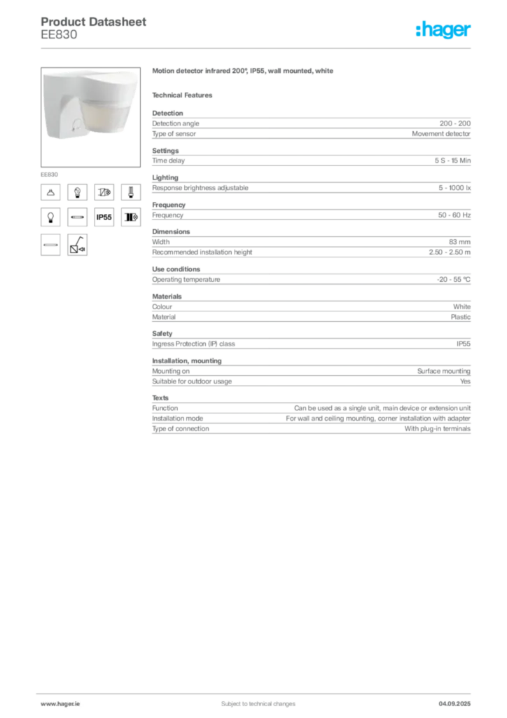 Image Hager Product data sheet EE830  | Hager