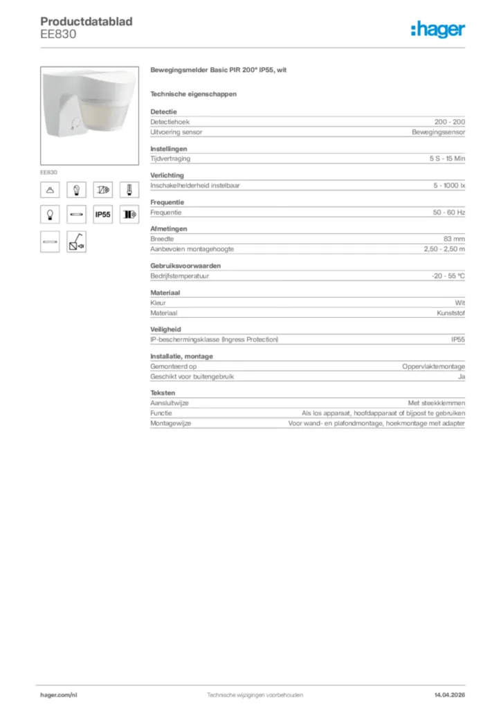 Afbeelding Hager Productdatablad EE830 | Hager Nederland
