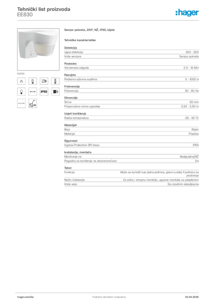 Slika Hager Tehnički list proizvoda EE830  | Hager