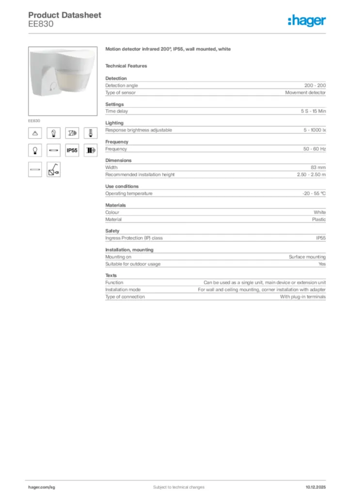Image Hager Product data sheet EE830  | Hager