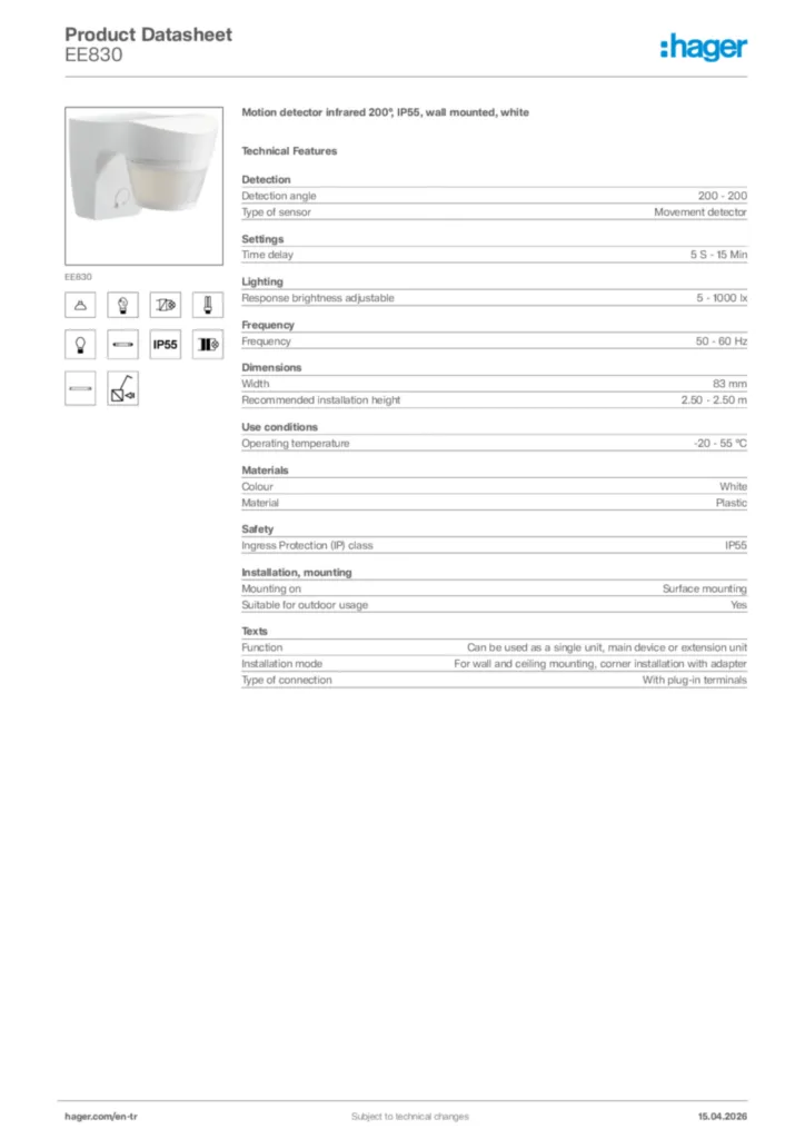 Image Hager Product data sheet EE830  | Hager