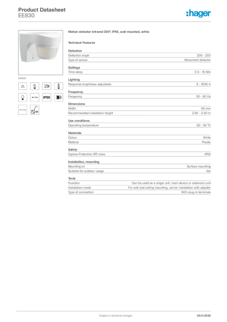 Image Hager Product data sheet EE830  | Hager