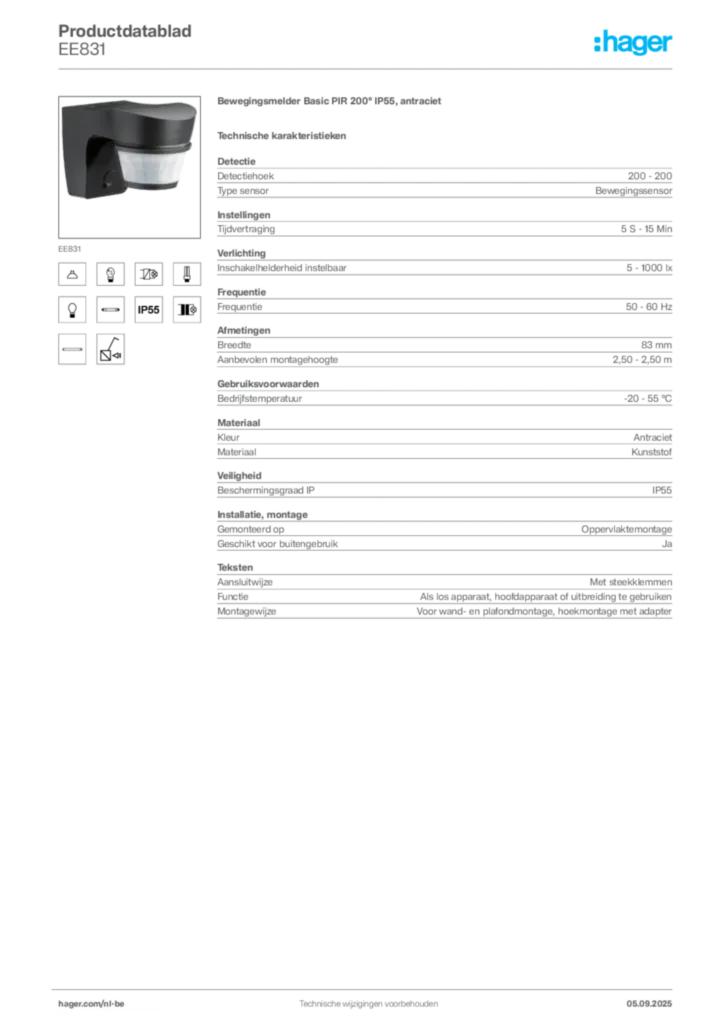 Afbeelding Hager Productdatablad EE831 | Hager Belgium