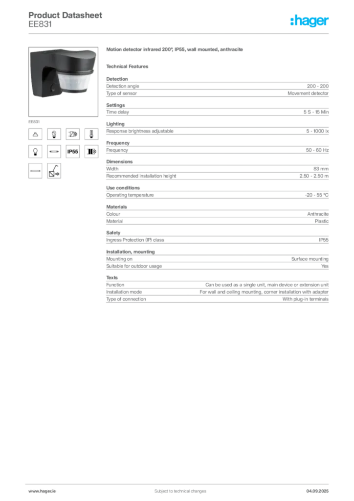 Image Hager Product data sheet EE831  | Hager