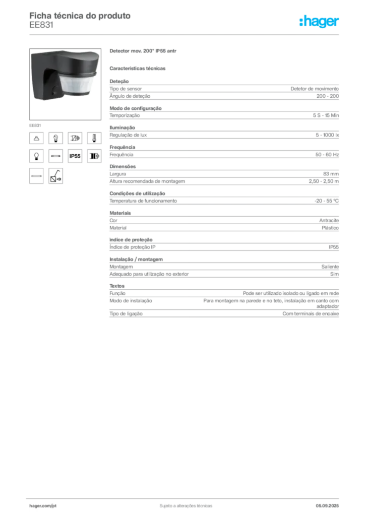 Imagem Hager Ficha técnica do produto EE831 | Hager Portugal