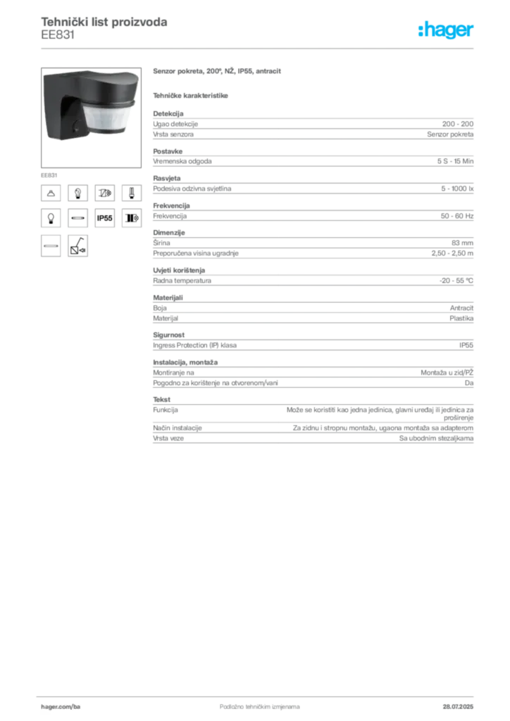 Slika Hager Product data sheet EE831  | Hager