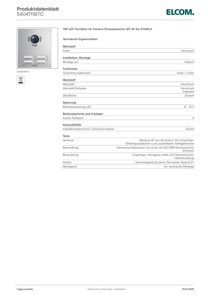 Bild Elcom Produktdatenblatt 5404711BTC | Hager Deutschland