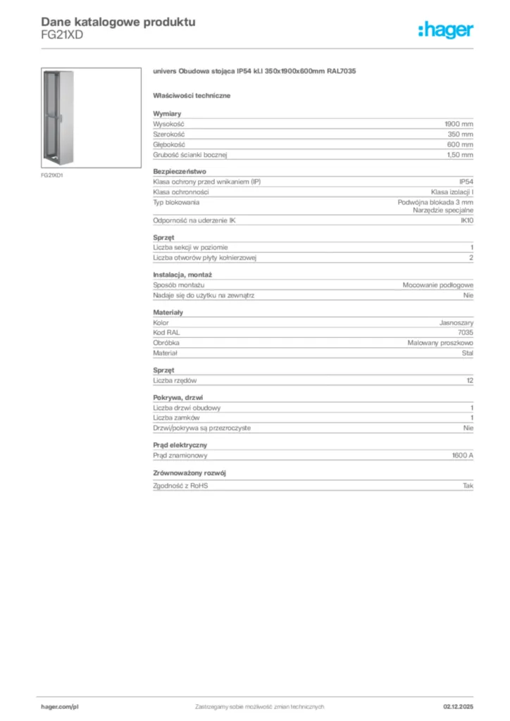 Zdjęcie Hager Dane katalogowe produktu FG21XD | Hager Polska