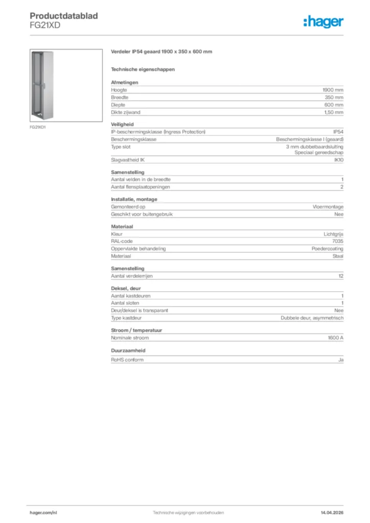 Afbeelding Hager Productdatablad FG21XD | Hager Nederland
