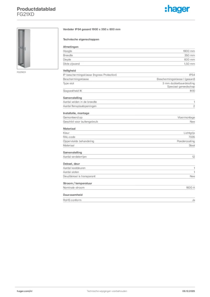 Afbeelding Hager Productdatablad FG21XD | Hager Nederland