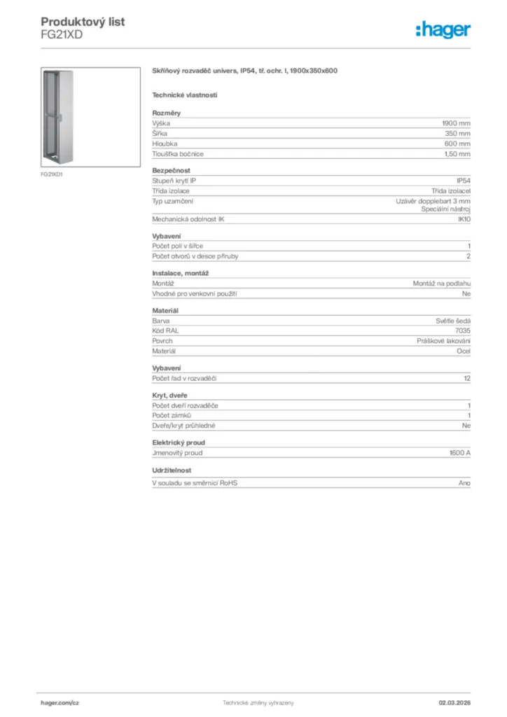 Obrázek Hager Product data sheet FG21XD | Hager