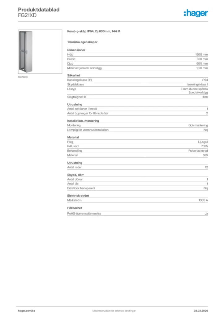 Bild Hager Produktdatablad FG21XD | Hager Sverige