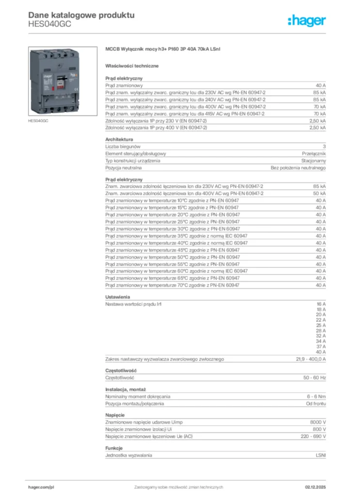 Zdjęcie Hager Dane katalogowe produktu HES040GC | Hager Polska