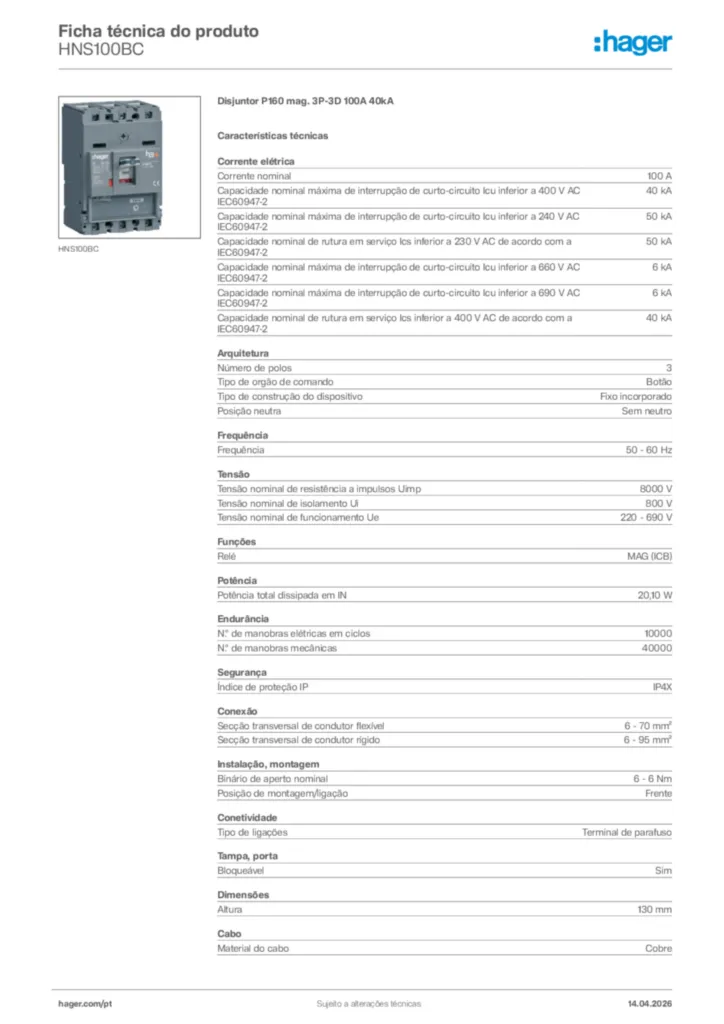 Imagem Hager Ficha técnica do produto HNS100BC | Hager Portugal
