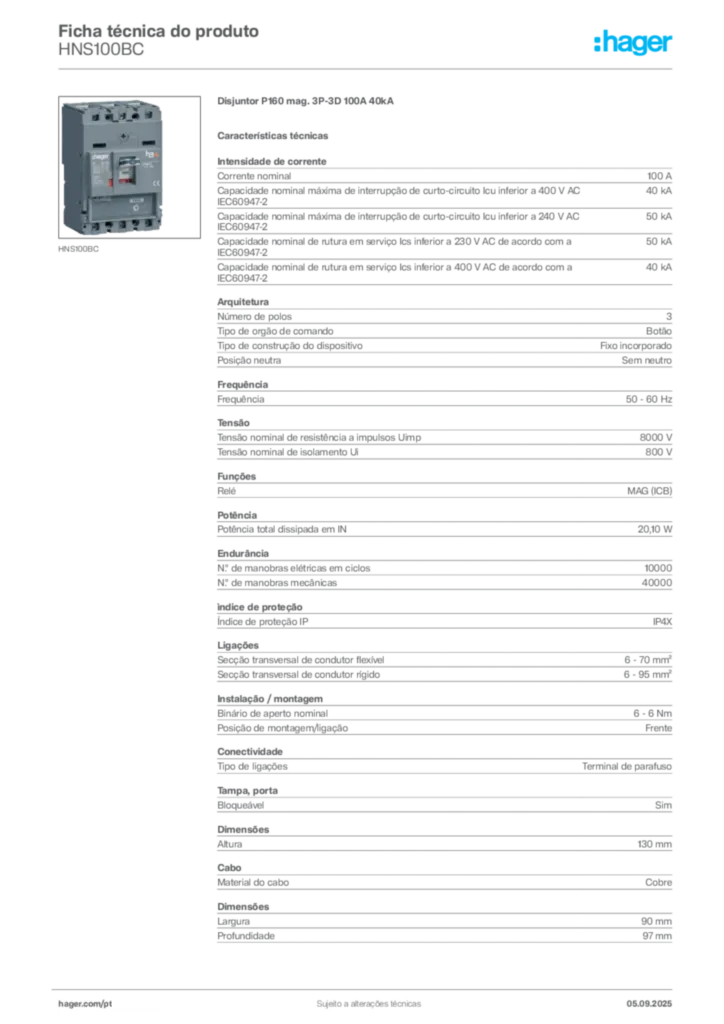 Imagem Hager Ficha técnica do produto HNS100BC | Hager Portugal