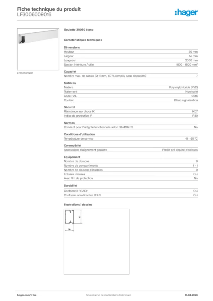Image Hager Fiche technique du produit LF3006009016 | Hager Belgique