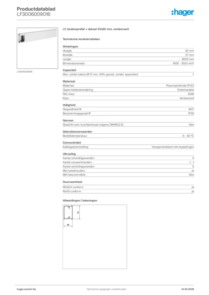 Afbeelding Hager Productdatablad LF3006009016 | Hager Belgium