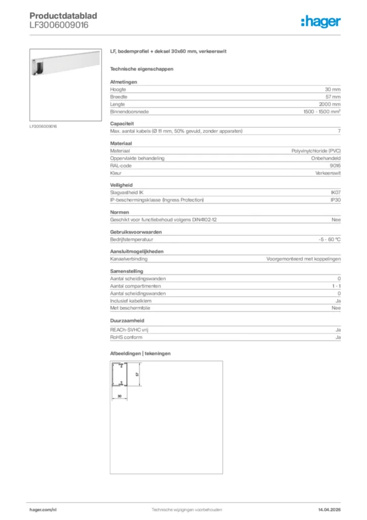 Afbeelding Hager Productdatablad LF3006009016 | Hager Nederland
