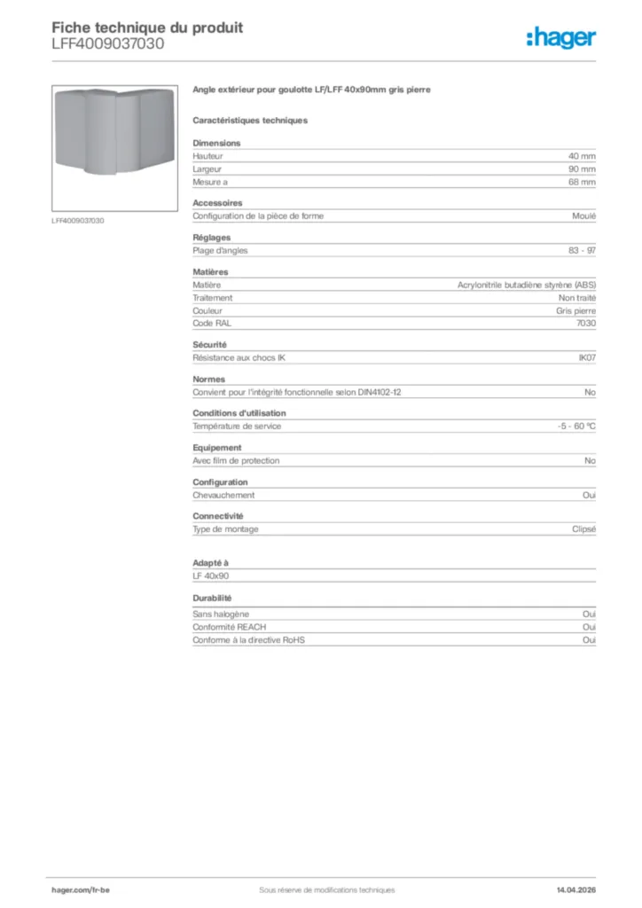 Image Hager Fiche technique du produit LFF4009037030 | Hager Belgique