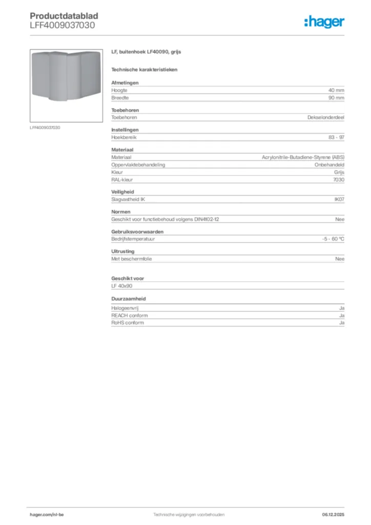 Afbeelding Hager Productdatablad LFF4009037030 | Hager Belgium