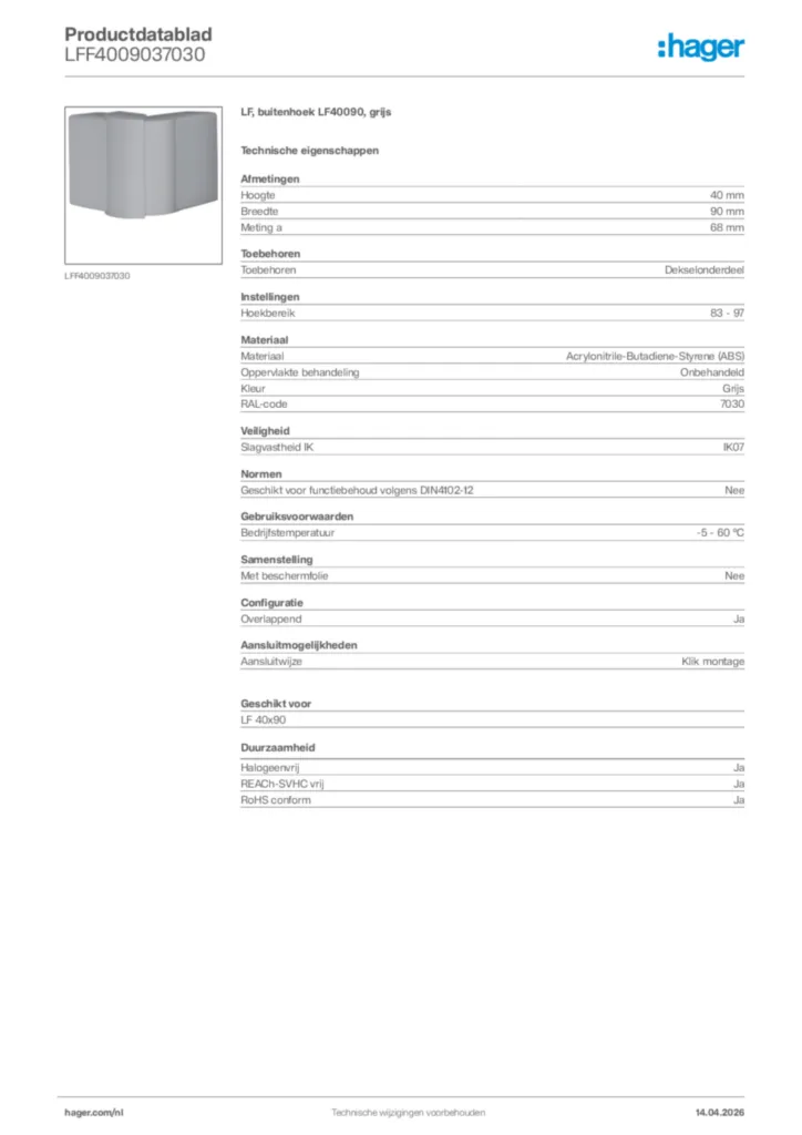 Afbeelding Hager Productdatablad LFF4009037030 | Hager Nederland