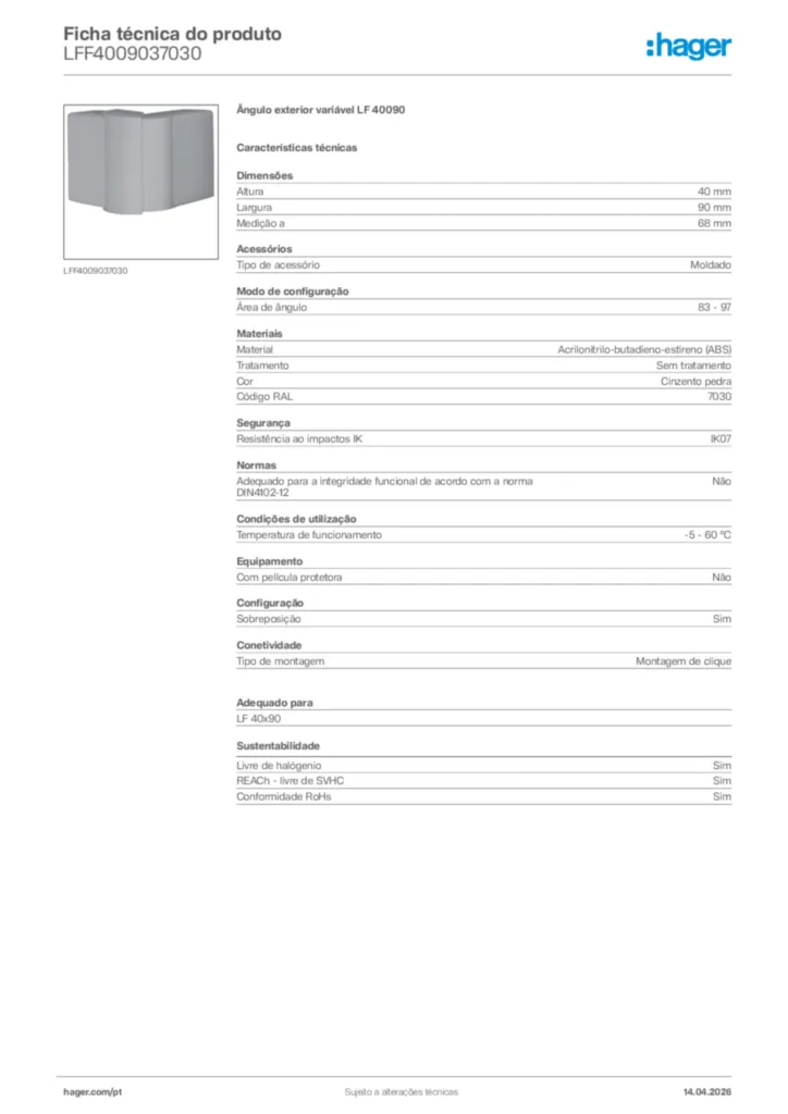 Imagem Hager Ficha técnica do produto LFF4009037030 | Hager Portugal
