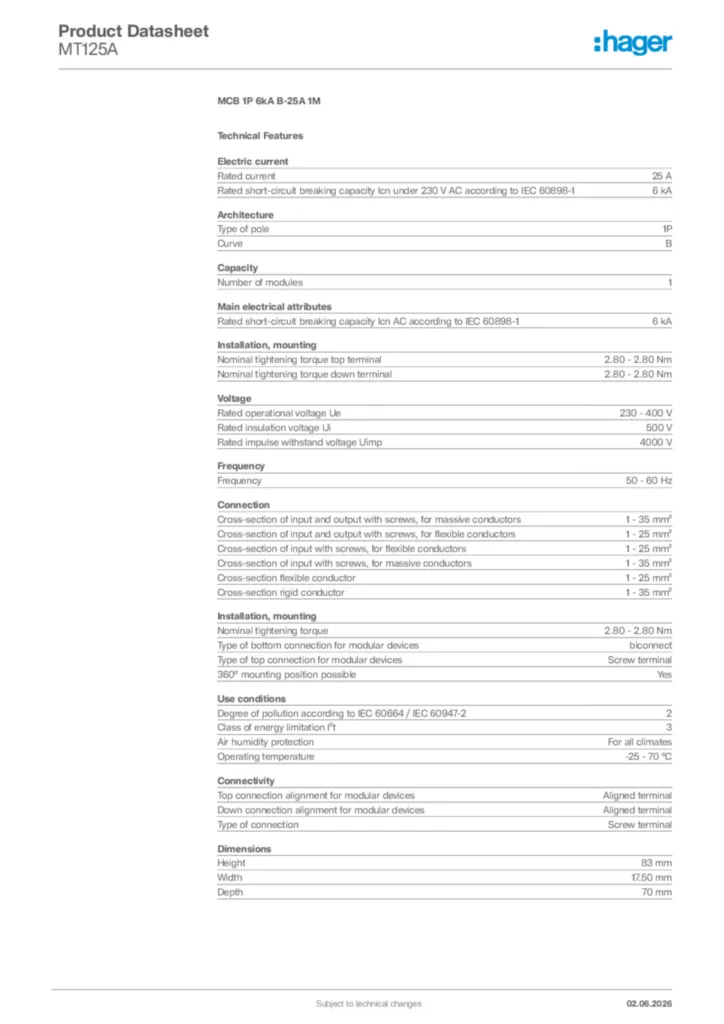 Image Hager Product data sheet MT125A  | Hager Africa