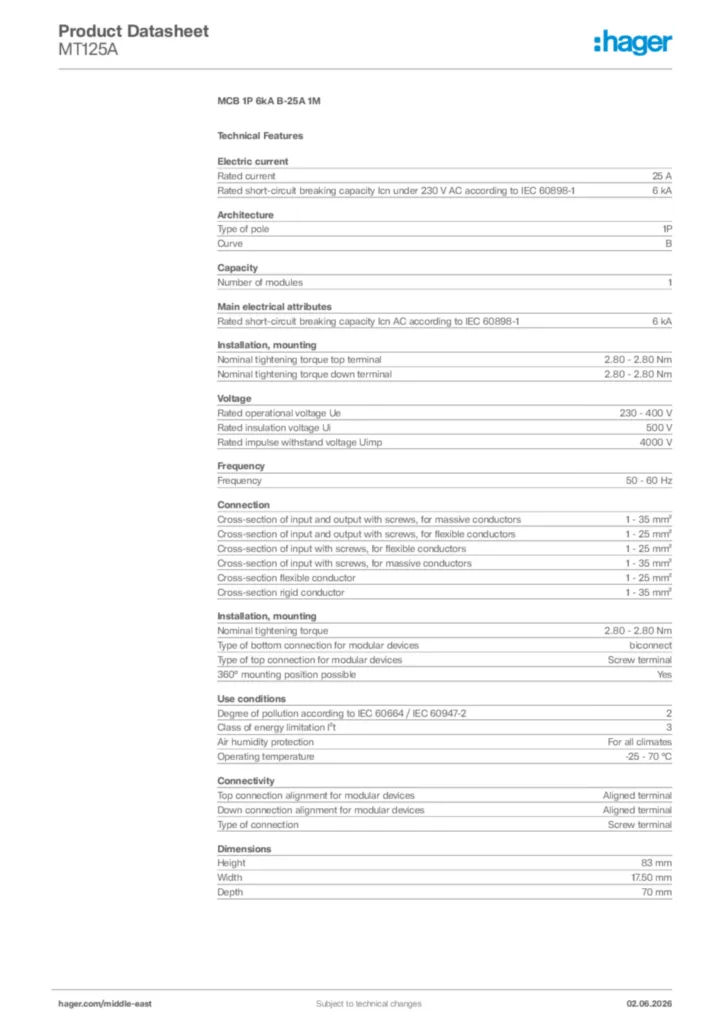 Image Hager Product data sheet MT125A  | Hager