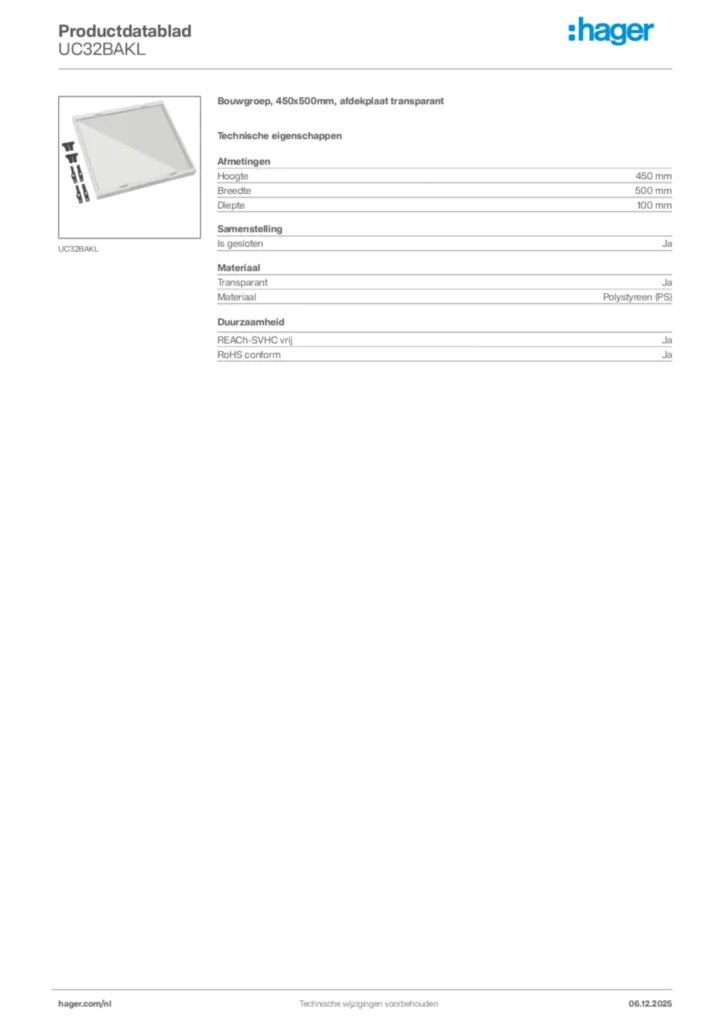 Afbeelding Hager Productdatablad UC32BAKL | Hager Nederland