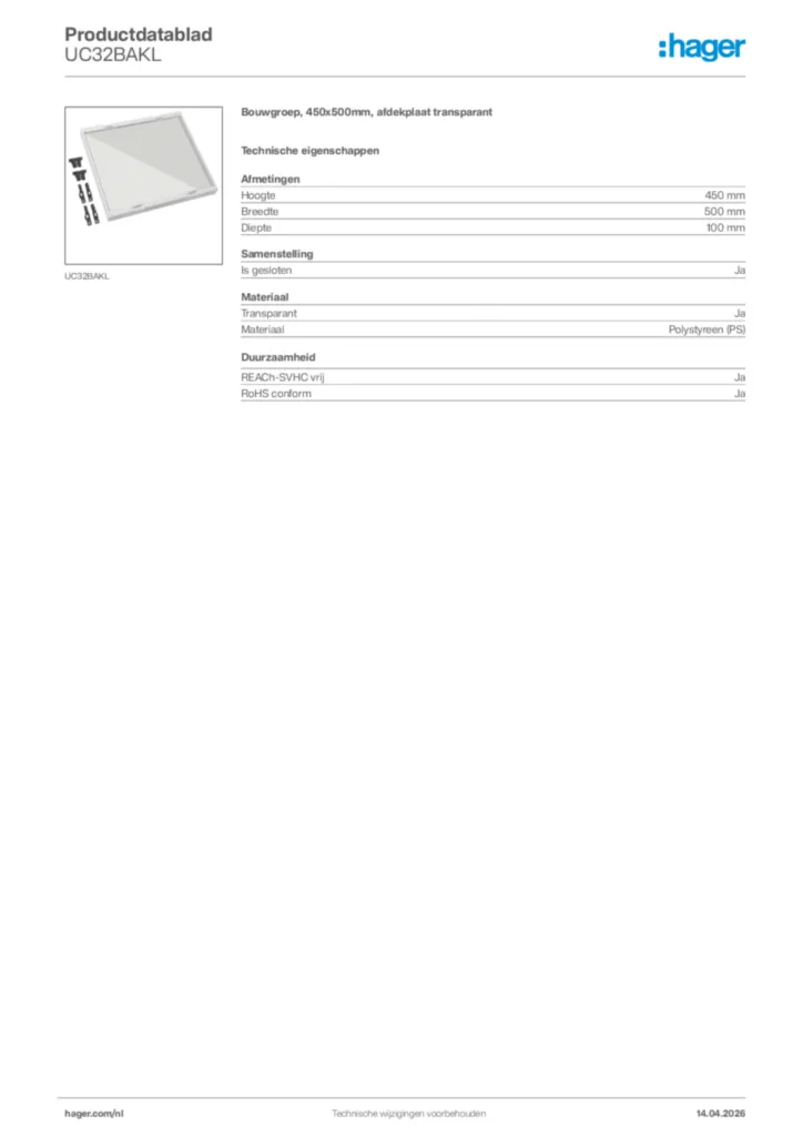 Afbeelding Hager Productdatablad UC32BAKL | Hager Nederland