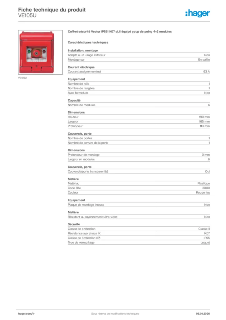Image Hager Fiche technique du produit VE105U | Hager France