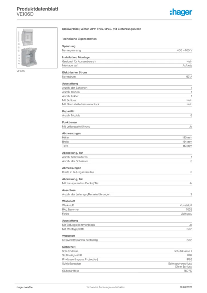 Hager Produktdatenblatt VE106D