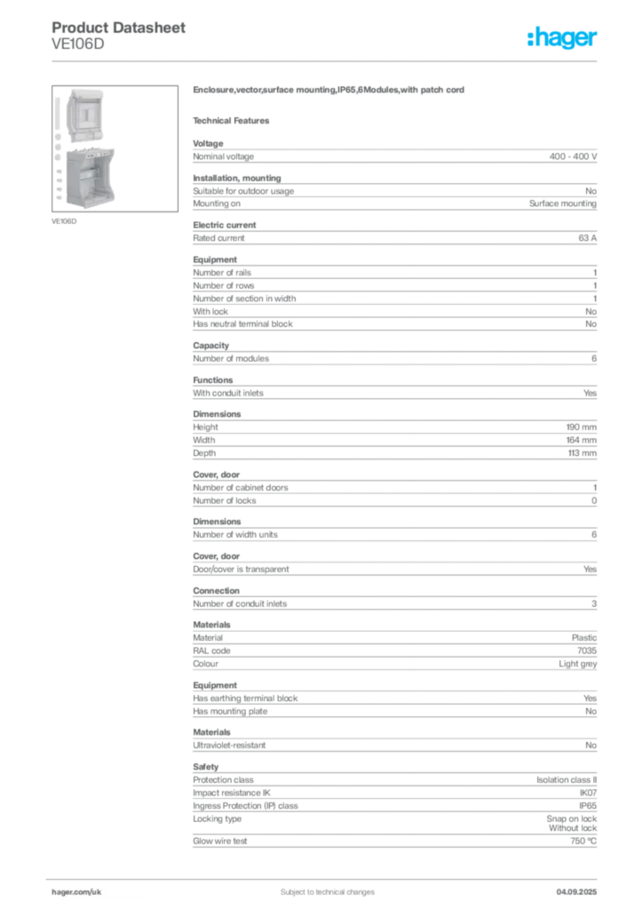 Image Hager Product data sheet VE106D  | Hager