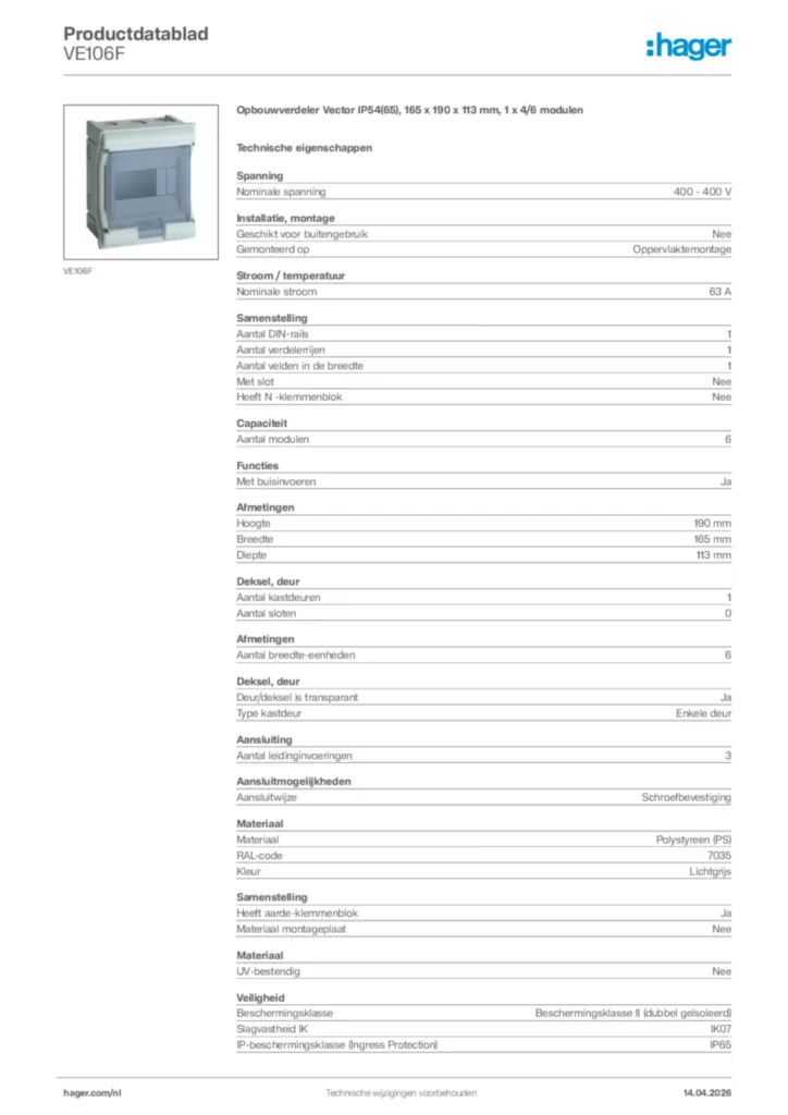 Afbeelding Hager Productdatablad VE106F | Hager Nederland