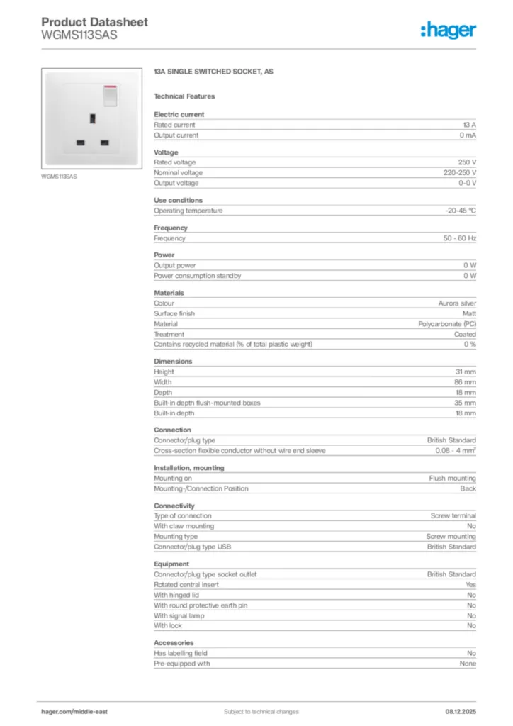 Image Hager Product data sheet WGMS113SAS  | Hager