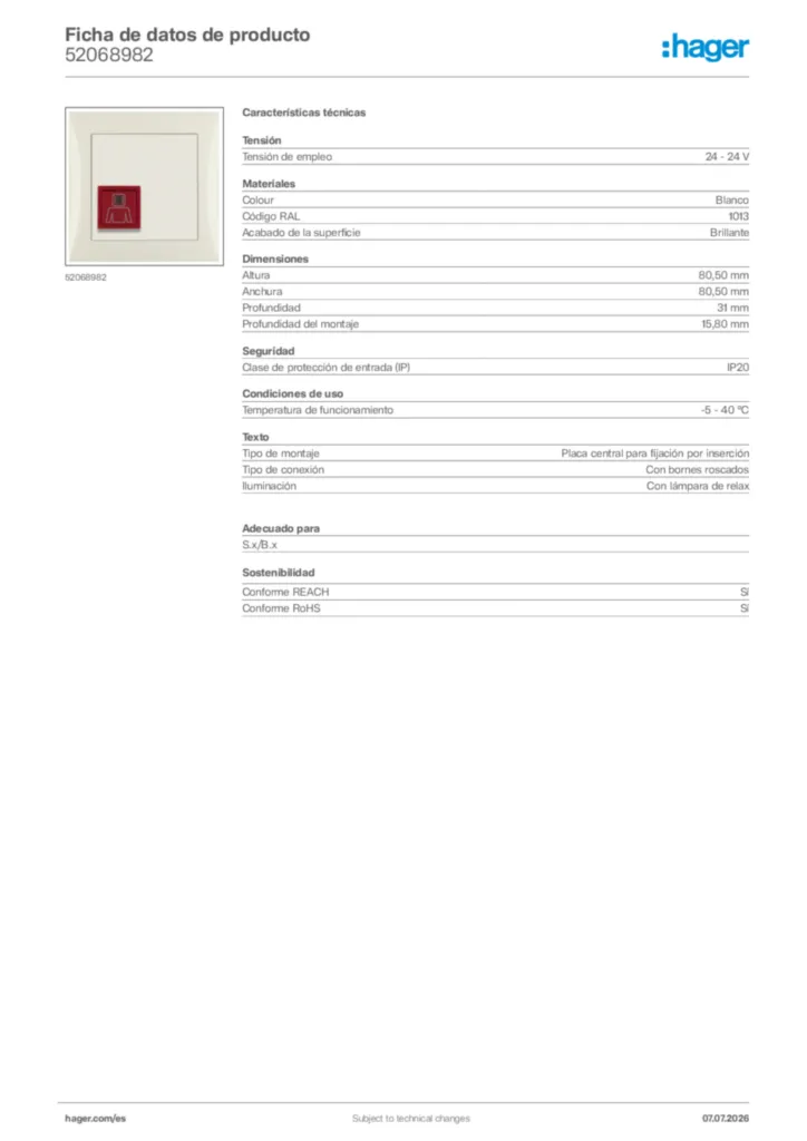 Imagen Hager Ficha de datos de producto 52068982 | Hager España