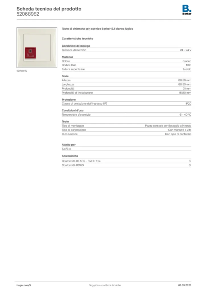 Immagine Berker Scheda tecnica del prodotto 52068982 | Hager Italia