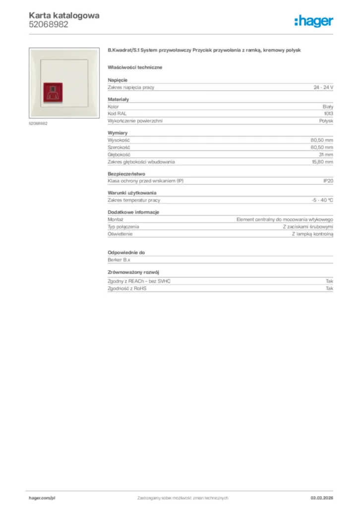 Zdjęcie Hager Karta katalogowa 52068982 | Hager Polska