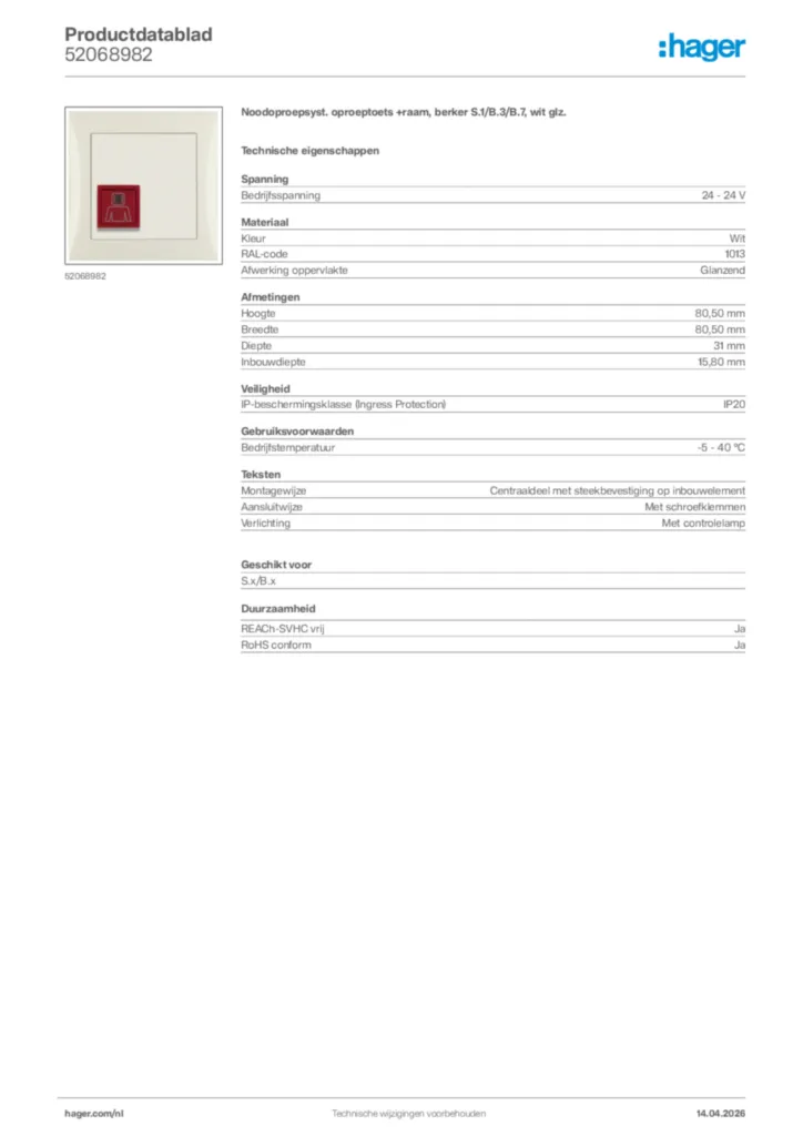 Afbeelding Hager Productdatablad 52068982 | Hager Nederland